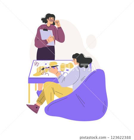 Psychotherapy with Woman Drawing at Mental Therapy Session Vector Illustration Psychotherapy with Woman Drawing at Mental Therapy Session Vector Illustration 123622388