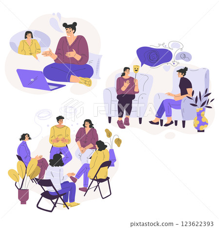 Psychotherapy Variety with Man and Woman at Mental Therapy Session Vector Set 123622393