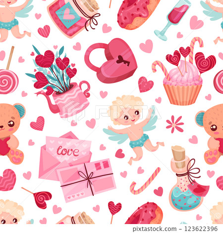 Valentines Day Seamless Pattern with Symbol and Attribute with Heart Vector Template 123622396