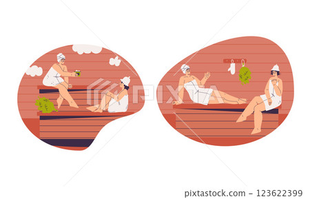 People Characters Bathing in Sauna and Taking Steam Bath Vector Set 123622399