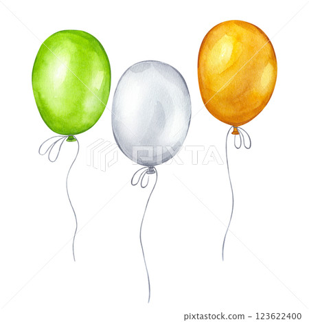 Green, orange and white helium balloons party. Happy St Patrick's Day. Indian Independence Republic Day. Ireland flag tricolor. Hand drawn watercolor illustration isolated background. Happy March 17th 123622400