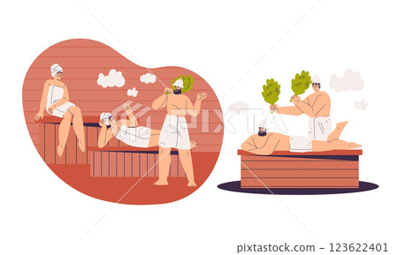 People Characters Bathing in Sauna and Taking Steam Bath Vector Set People Characters Bathing in Sauna and Taking Steam Bath Vector Set 123622401