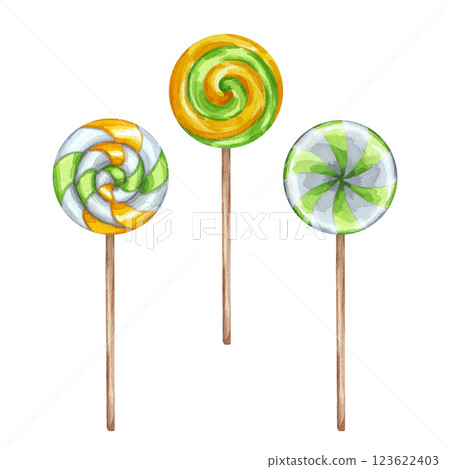 Round lollipops set. Sweet candies on stick green white orange for Saint Patrick's Day party. Hand drawn watercolor illustration on isolated background. National Colors of Ireland. Happy March 17th 123622403