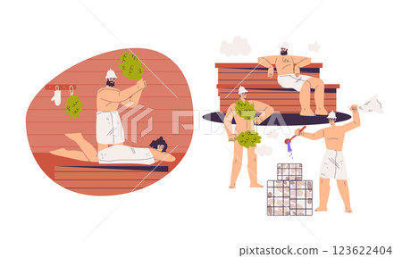 People Characters Bathing in Sauna and Taking Steam Bath Vector Set 123622404