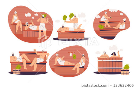 People Characters Bathing in Sauna and Taking Steam Bath Vector Set 123622406