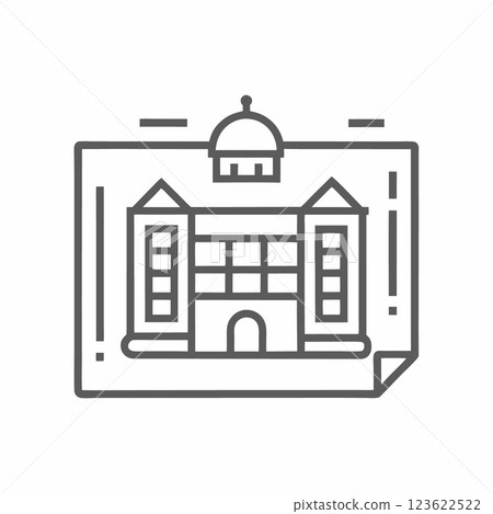 Architectural blueprint design showcasing a classic building with a dome and detailed features 123622522