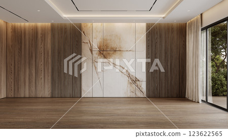 Contemporary empty interior with wood wall panels, blank wall, backlight, parquet floor. 3d render illustration mockup. 123622565
