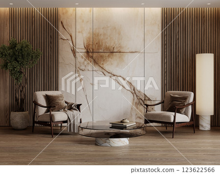 Contemporary interior with armchairs, brown wood wall panels, glass coffee table, floor lamp and blank wall. 3d render illustration mockup. 123622566