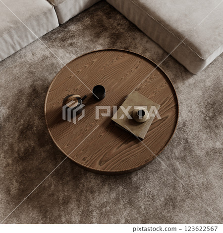 Top view of round wood coffee table on rug in loft interior with decor. 3d render illustration mockup. Top view of round wood coffee table on rug in loft interior with decor. 3d render illustration mockup. 123622567