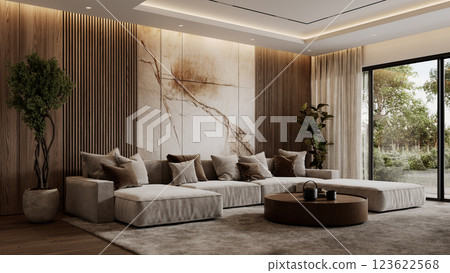 Contemporary interior with sofa, brown wood wall panels, plants, floor lamp, carpet, coffee table. Angle view 3d render illustration mockup. Contemporary interior with sofa, brown wood wall panels, plants, floor lamp, carpet, coffee table. Angle view 3d render illustration mockup. 123622568