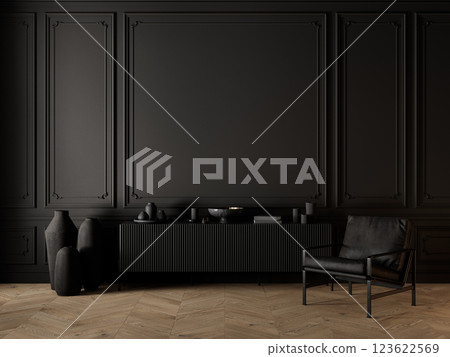 Classic black interior with dresser, armchair, vases, parquet chevron floor and decor. 3d render illustration mockup. 123622569