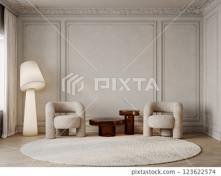 Contemporary classic beige interior with armchairs, orange coffee tables, moldings, floor lamp and decor. 3d render illustration mockup. Contemporary classic beige interior with armchairs, orange coffee tables, moldings, floor lamp and decor. 3d render illustration mockup. 123622574