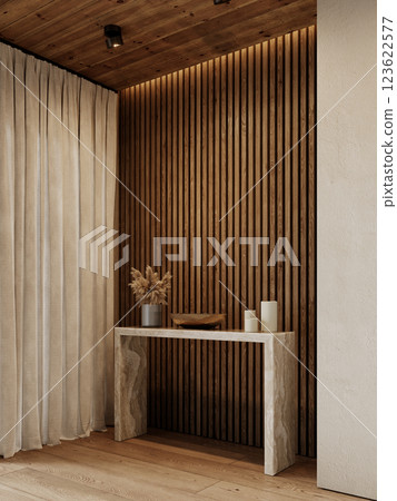 Contemporary loft interior with marble console, wood panels and decor. 3d render illustration mockup. Contemporary loft interior with marble console, wood panels and decor. 3d render illustration mockup. 123622577