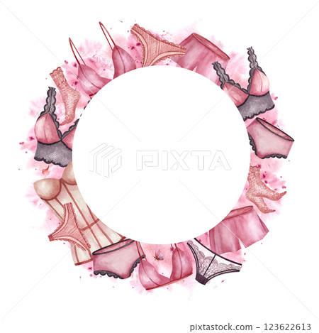 Circle Frame lingerie, lace sets and panties on pink watercolor spot. Hand drawn illustration isolated from background with Template. Postcard, logo in underwear store, invitations, print product Circle Frame lingerie, lace sets and panties on pink watercolor spot. Hand drawn illustration isolated from background with Template. Postcard, logo in underwear store, invitations, print product 123622613