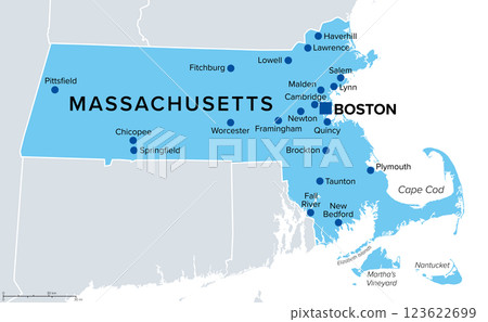Massachusetts, U.S. state, political map. The Commonwealth of Massachusetts, a state in the New England region of Northeastern United States, with capital Boston, nicknamed The Bay State. Vector 123622699