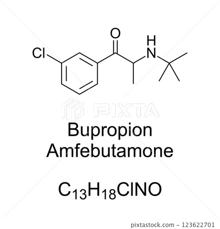 Bupropion, chemical formula and structure. Formerly called amfebutamone, an atypical antidepressant indicated in treatment of depressive disorder, seasonal affective disorder and smoking cessation. 123622701