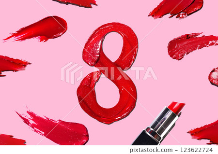 Smearing red eight-shaped lipstick with lipstick banner on a pink background. Red lipstick glossy texture in 8 eight shape. 8 march happy international woman day banner Smearing red eight-shaped lipstick with lipstick banner on a pink background. Red lipstick glossy texture in 8 eight shape. 8 march happy international woman day banner 123622724