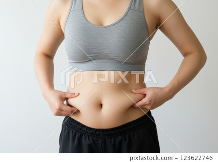 特寫鏡頭:一位穿著運動胸罩和緊身褲的女性擠壓著腹部脂肪(AI 生成的圖像) 特寫鏡頭:一位穿著運動胸罩和緊身褲的女性擠壓著腹部脂肪(AI 生成的圖像) 123622746