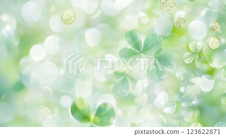 St. Patricks Day clovers and gold coins on green glitter background 123622871