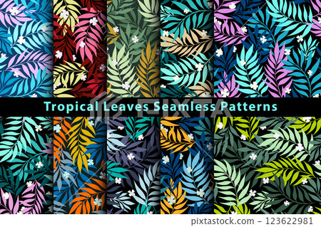 Tropical Leaf Vector Seamless Patterns Bundle, Vibrant Exotic Foliage Leaves, Modern Bold Color Combinations for Fabric Textile or Wallpaper Tropical Leaf Vector Seamless Patterns Bundle, Vibrant Exotic Foliage Leaves, Modern Bold Color Combinations for Fabric Textile or Wallpaper 123622981