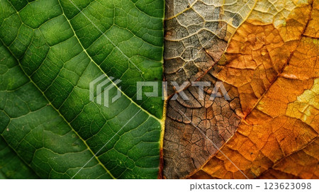 Close-Up of Half Green and Half Dry Autumn Leaf Texture 123623098