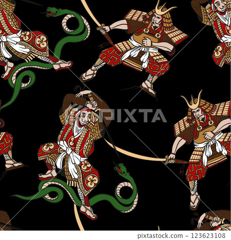 Seamless pattern with samurai in graphic style. Vector. 123623108