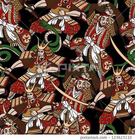 Seamless pattern with samurai in graphic style. Vector. 123623110