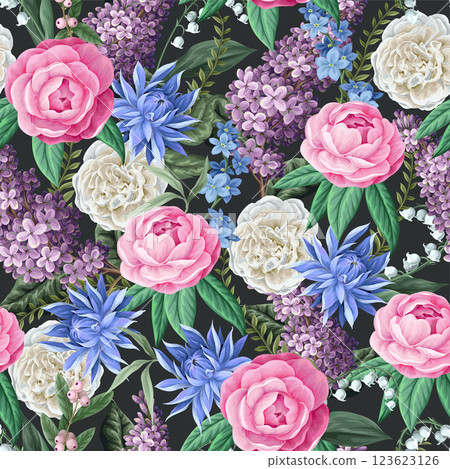 Seamless pattern with camelia flowers and other flowers. Vector. Seamless pattern with camelia flowers and other flowers. Vector. 123623126