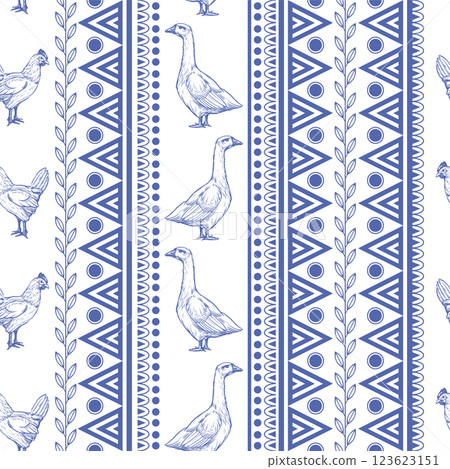 Seamless pattern with chicken, goose and geometrical ornament. Vector. 123623151