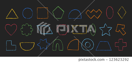 Crayon textured geometric figures collection. Outline basic shapes hand drawn with colored pencil. Silhouettes of pastel textured primitive elements. Vector illustration isolated on black background. Crayon textured geometric figures collection. Outline basic shapes hand drawn with colored pencil. Silhouettes of pastel textured primitive elements. Vector illustration isolated on black background. 123623292