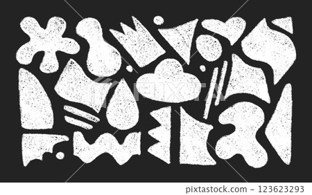 Chalk kids abstract figures with grunge rough texture. Outline organic shapes hand drawn with white pencil. Vector illustration isolated on a black background Chalk kids abstract figures with grunge rough texture. Outline organic shapes hand drawn with white pencil. Vector illustration isolated on a black background 123623293