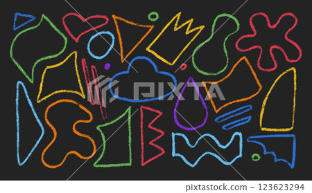 Crayon kids abstract figures with pastel brush texture. Color pencil hand drawn outline organic shapes. Vector illustration isolated on a black background. Crayon kids abstract figures with pastel brush texture. Color pencil hand drawn outline organic shapes. Vector illustration isolated on a black background. 123623294