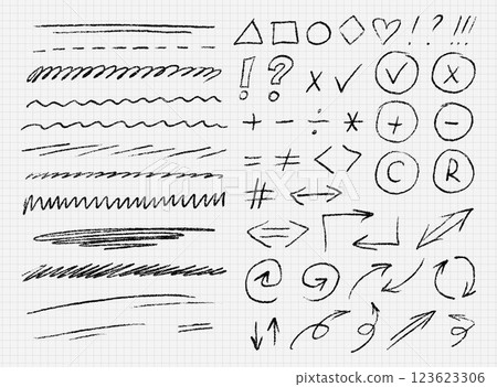 Black pencil brush strokes set. Lines, underlines, symbols, infographic signs, marks, arrows and figures. Careless or casual writing with ink pen or pencil. Calligraphy smears. Vector illustrations 123623306