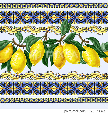 Seamless pattern with lemons and blue ornament. Vector Seamless pattern with lemons and blue ornament. Vector 123623324