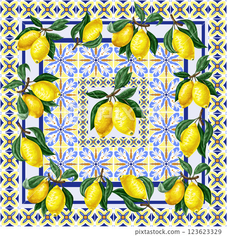Design scarf with lemons and blue ornament. Vector. 123623329