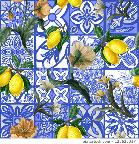 Seamless pattern with lemons and blue ornament. Vector 123623337