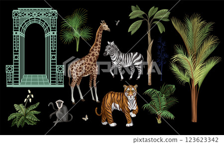 Architectural arch, portal, animals and tropic trees isolated. Vector. Architectural arch, portal, animals and tropic trees isolated. Vector. 123623342