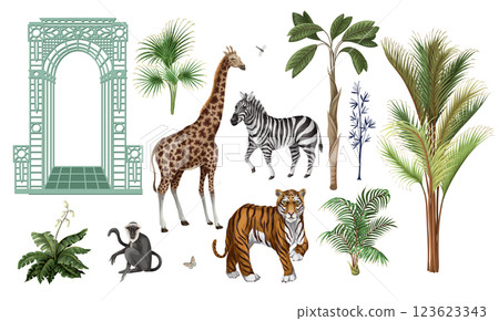 Architectural arch, portal, animals and tropic trees isolated. Vector. Architectural arch, portal, animals and tropic trees isolated. Vector. 123623343