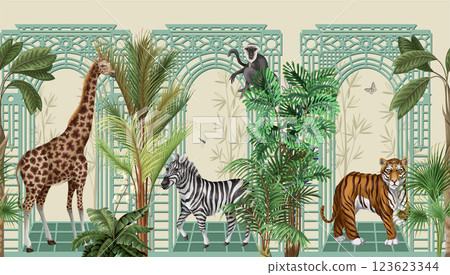 Border with architectural arch, portal, animals and tropic trees. Vector. Border with architectural arch, portal, animals and tropic trees. Vector. 123623344
