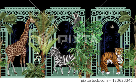Border with architectural arch, portal, animals and tropic trees. Vector. 123623345