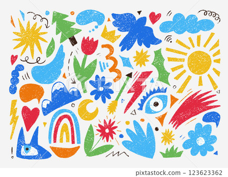 Fun doodle color scribble decorative elements hand drawn with crayon. Mountains, eye, lightning, flower, and more. Objects with a grunge texture. Vector set of graphic objects isolated on white. 123623362