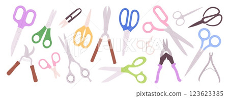 Different flat scissors. Nippers and scissors cartoon icons, cutting equipment for manicure, pedicure, cut paper, fabric or food. Stationery racy vector set Different flat scissors. Nippers and scissors cartoon icons, cutting equipment for manicure, pedicure, cut paper, fabric or food. Stationery racy vector set 123623385