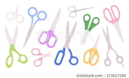 Cartoon scissors. Flat scissor different type for cut paper, fabric, manicure. Different stationery icons, open and close cutting tools racy vector set Cartoon scissors. Flat scissor different type for cut paper, fabric, manicure. Different stationery icons, open and close cutting tools racy vector set 123623386