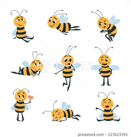 Cute cartoon bee. Funny bee in different poses and emotions. Angry, relaxing dreaming flying insects. Children mascots, classy wild vector characters 123623391