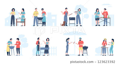 People on bbq. Outside barbecue, family and friends grilling meat sausages vegetables and eating together. Summer picnic with drinks, recent vector scenes 123623392