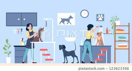Pet salon. Beauty salon for dogs with professional groomers. Groomer wash, bathing cutting dog. Animal care and hygiene, trimming recent vector scene 123623398