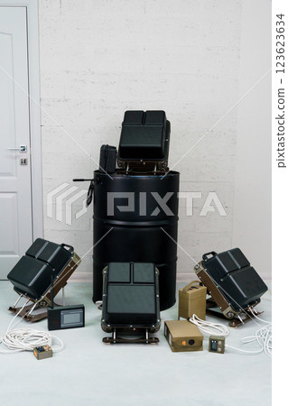 Advanced Electronic Warfare System Components Displayed in a Minimalist Environment Advanced Electronic Warfare System Components Displayed in a Minimalist Environment 123623634