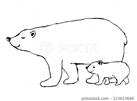 北極熊和它的幼崽的黑白插圖 123623688