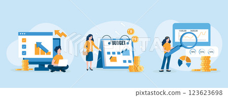 Sales performance isolated set. Financial profit growth, increase in earnings. People collection of scenes in flat design. Vector illustration for blogging, website, mobile app, promotional materials 123623698