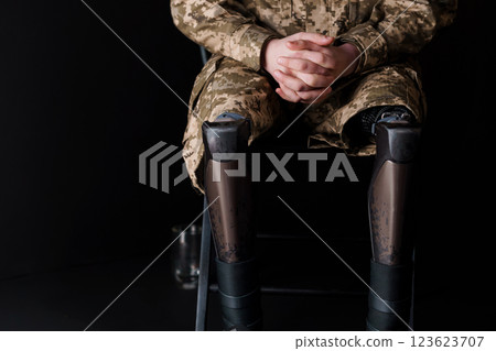 Resilient Soldier with Advanced Bionic Leg Prosthesis in Military Camouflage Resilient Soldier with Advanced Bionic Leg Prosthesis in Military Camouflage 123623707